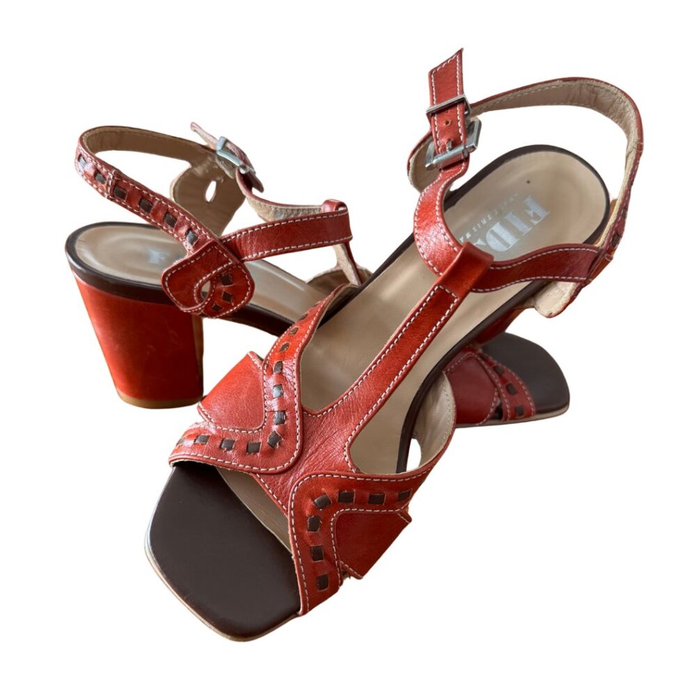 Fidji Orange Leather T-Strap Sandals Buckle Ankle Comfort Artisan Size 8.5 - Picture 2 of 8